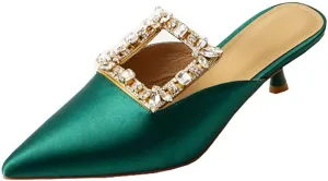 Divanne Heeled Mules for Women, Diamond Kitten Heels Mules Slides Pointed Toe Backless Slingback Pumps Crystal Dress Sandals