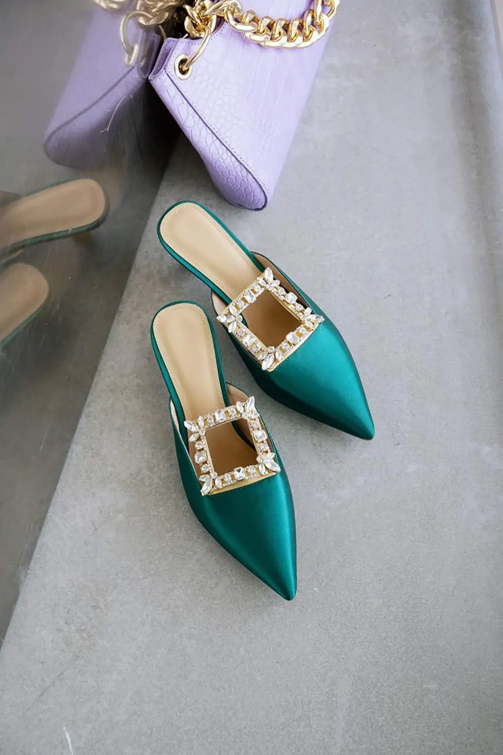 Divanne Heeled Mules for Women, Diamond Kitten Heels Mules Slides Pointed Toe Backless Slingback Pumps Crystal Dress Sandals