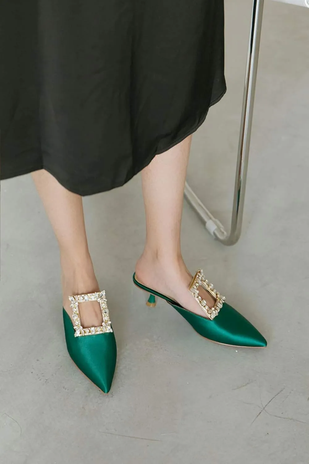 Divanne Heeled Mules for Women, Diamond Kitten Heels Mules Slides Pointed Toe Backless Slingback Pumps Crystal Dress Sandals