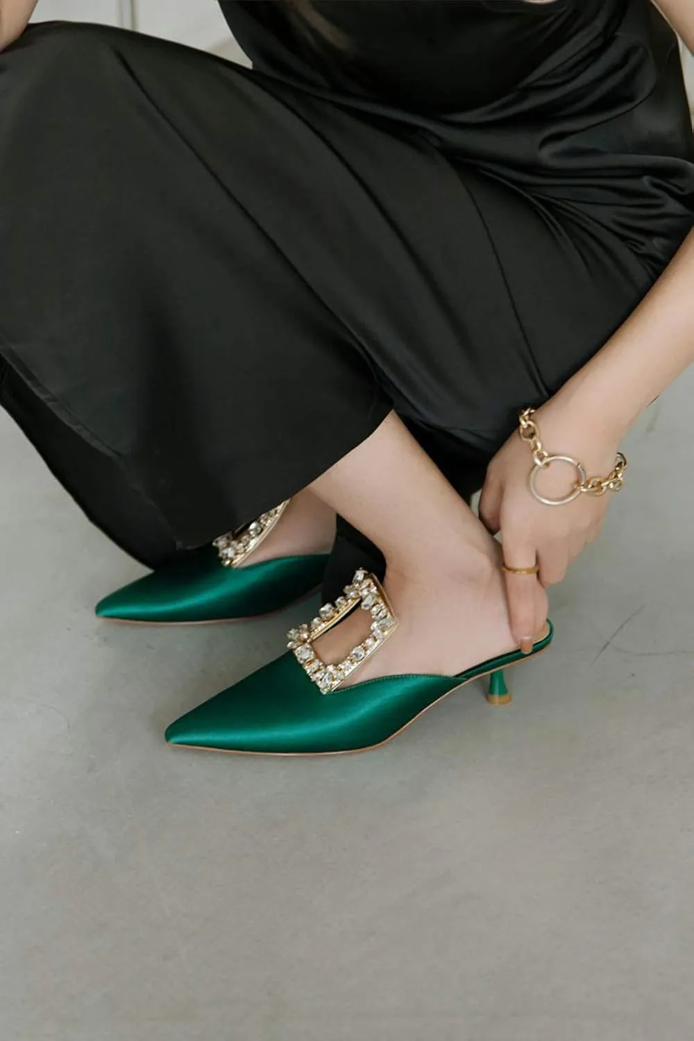 Divanne Heeled Mules for Women, Diamond Kitten Heels Mules Slides Pointed Toe Backless Slingback Pumps Crystal Dress Sandals