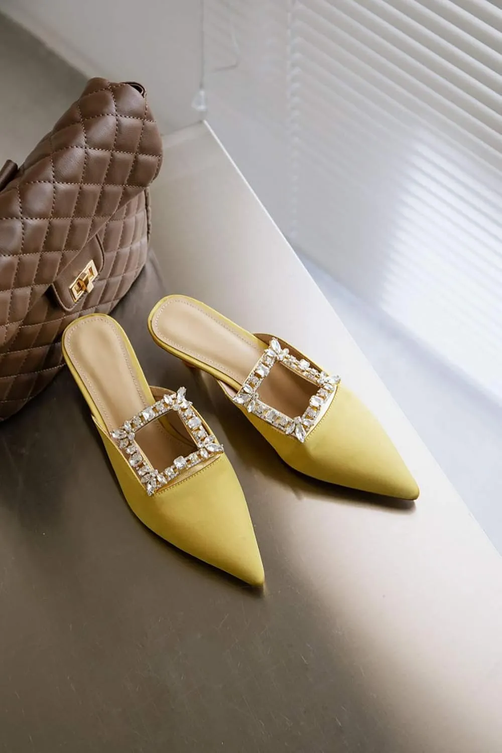 Divanne Heeled Mules for Women, Diamond Kitten Heels Mules Slides Pointed Toe Backless Slingback Pumps Crystal Dress Sandals