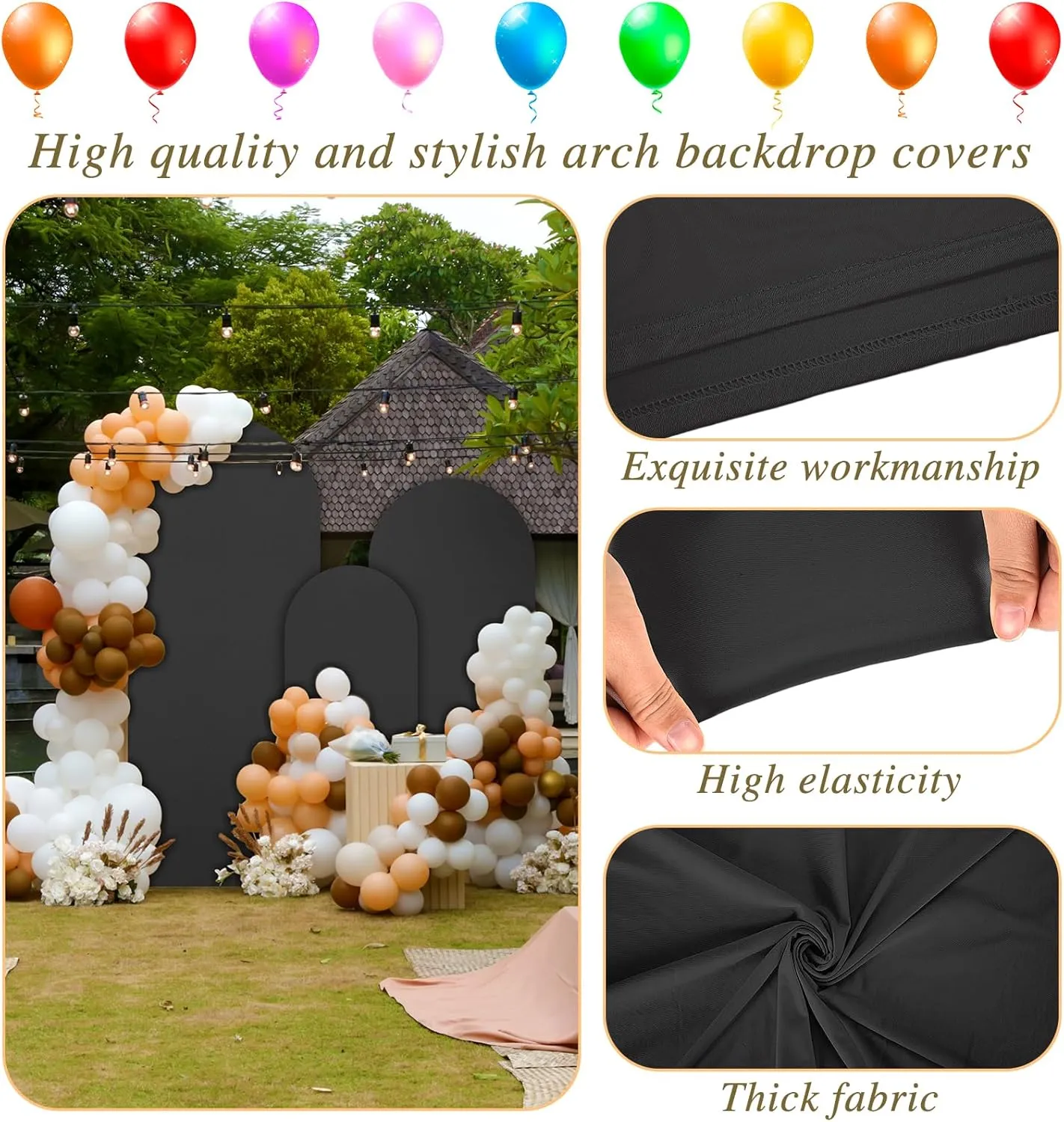 Dofilachy Arch Backdrop Cover - Stretchy Fabric for Wedding Arch Stand, Set of 3 Spandex Covers (4FT, 5FT, 6FT, Black)