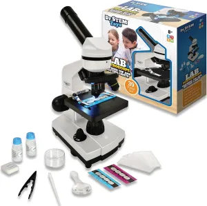 Dr. STEM Toys 39 Piece Microscope Kit for Kids with Top and Bottom Lights, Specimen Slides, 40X, 100X, and 400X Adjustable Lenses - for Kids and Schools (Ages 8 ), White
