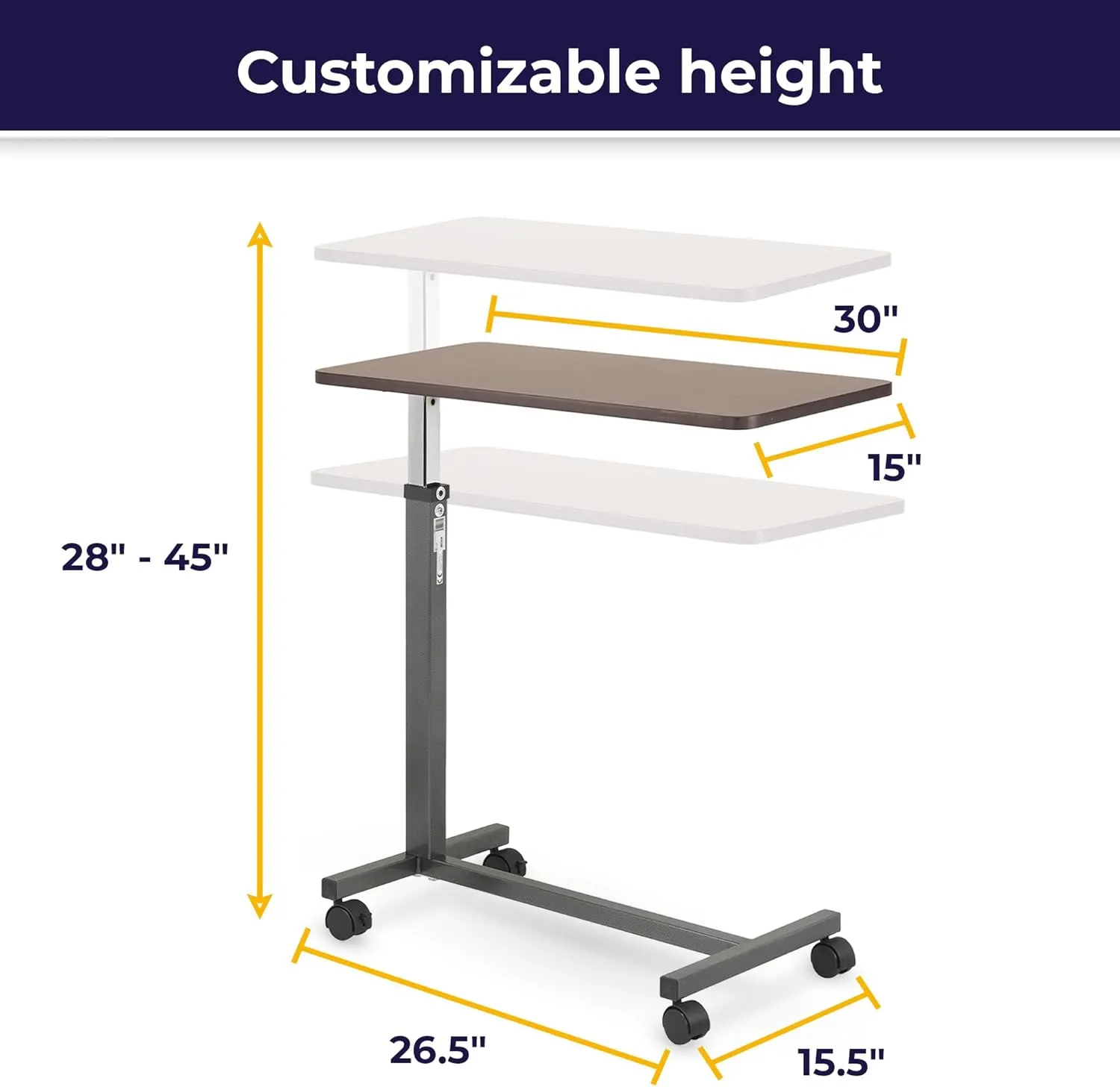 Drive Medical 13067 Non Tilt Top Overbed Table with Wheels and Secure Height Adjustment,Tray Table for Hospital or Home Use, Bedside Rolling Overbed Table, Silver Vein