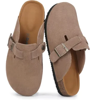 Dumalum Suede Clogs for Women and Men - Adjustable Buckle Slip-on Cork Footbed Mules with Antislip Sole - Unisex Slippers