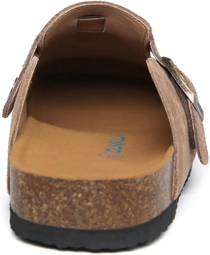 Dumalum Suede Clogs for Women and Men - Adjustable Buckle Slip-on Cork Footbed Mules with Antislip Sole - Unisex Slippers