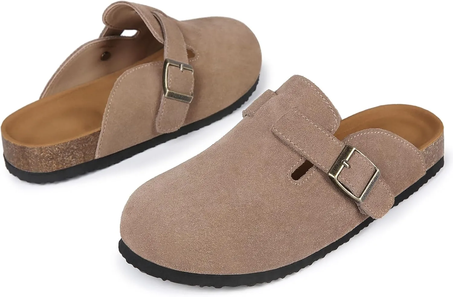Dumalum Suede Clogs for Women and Men - Adjustable Buckle Slip-on Cork Footbed Mules with Antislip Sole - Unisex Slippers