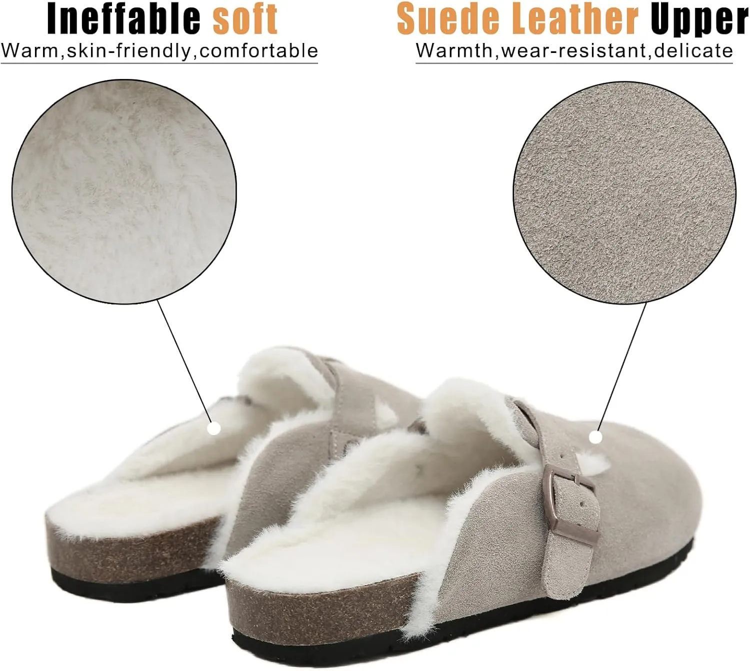 Dumalum Suede Clogs for Women and Men - Adjustable Buckle Slip-on Cork Footbed Mules with Antislip Sole - Unisex Slippers
