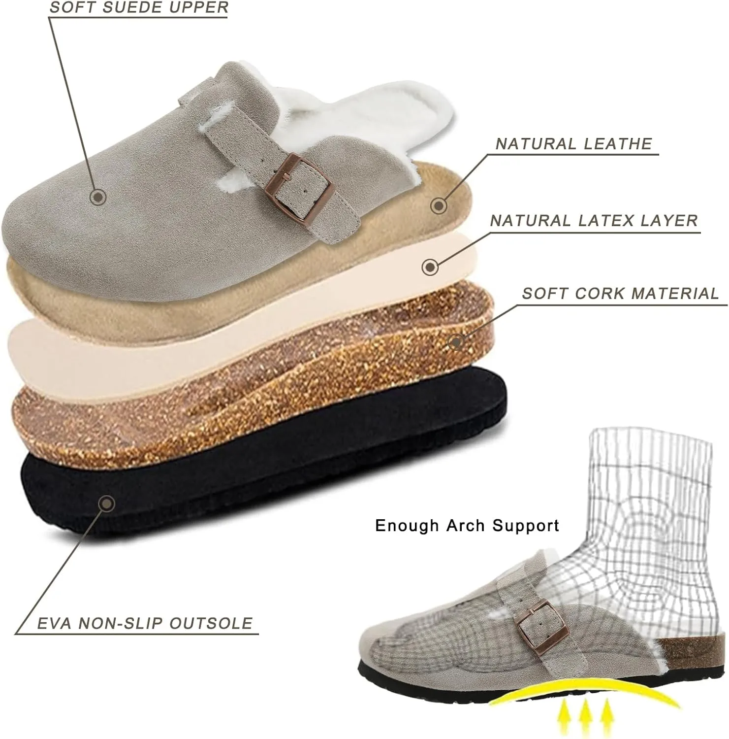 Dumalum Suede Clogs for Women and Men - Adjustable Buckle Slip-on Cork Footbed Mules with Antislip Sole - Unisex Slippers
