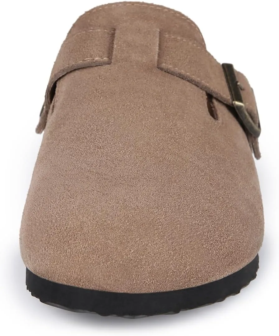 Dumalum Suede Clogs for Women and Men - Adjustable Buckle Slip-on Cork Footbed Mules with Antislip Sole - Unisex Slippers