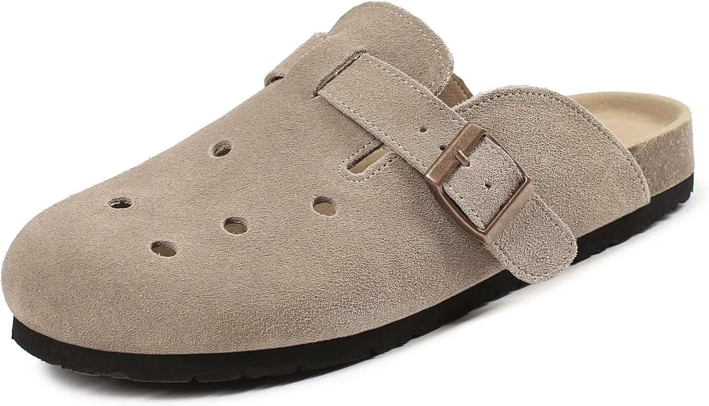 Dumalum Suede Clogs for Women Men Unisex Slip-on Potato Shoes Footbed Suede Cork Clogs and Mules House Slipers with Arch Support DIY & Breathable