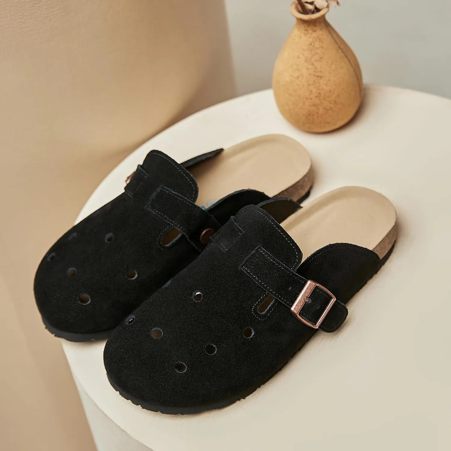 Dumalum Suede Clogs for Women Men Unisex Slip-on Potato Shoes Footbed Suede Cork Clogs and Mules House Slipers with Arch Support DIY & Breathable