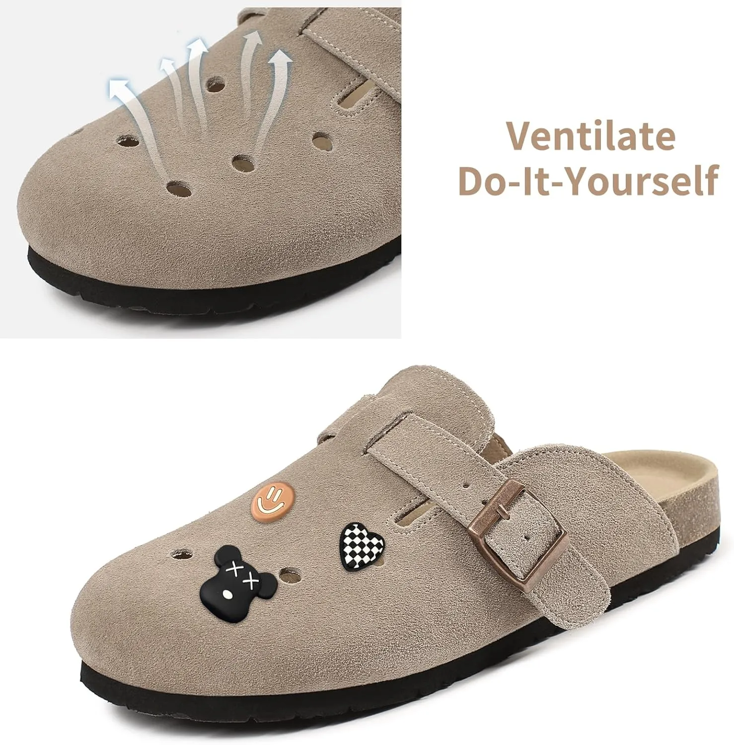Dumalum Suede Clogs for Women Men Unisex Slip-on Potato Shoes Footbed Suede Cork Clogs and Mules House Slipers with Arch Support DIY & Breathable