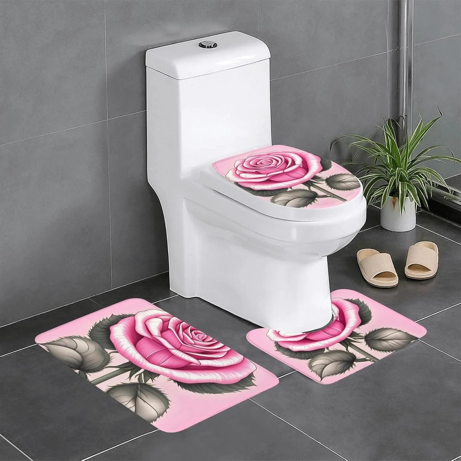 EkcoS Beautiful Pink Roses Bathroom Rugs Set 3 Piece Microfiber Bath Shower Mat and U-Shaped Toilet Rug, Machine Wash Dry, Non Slip Absorbent Bath Rug for Tub.