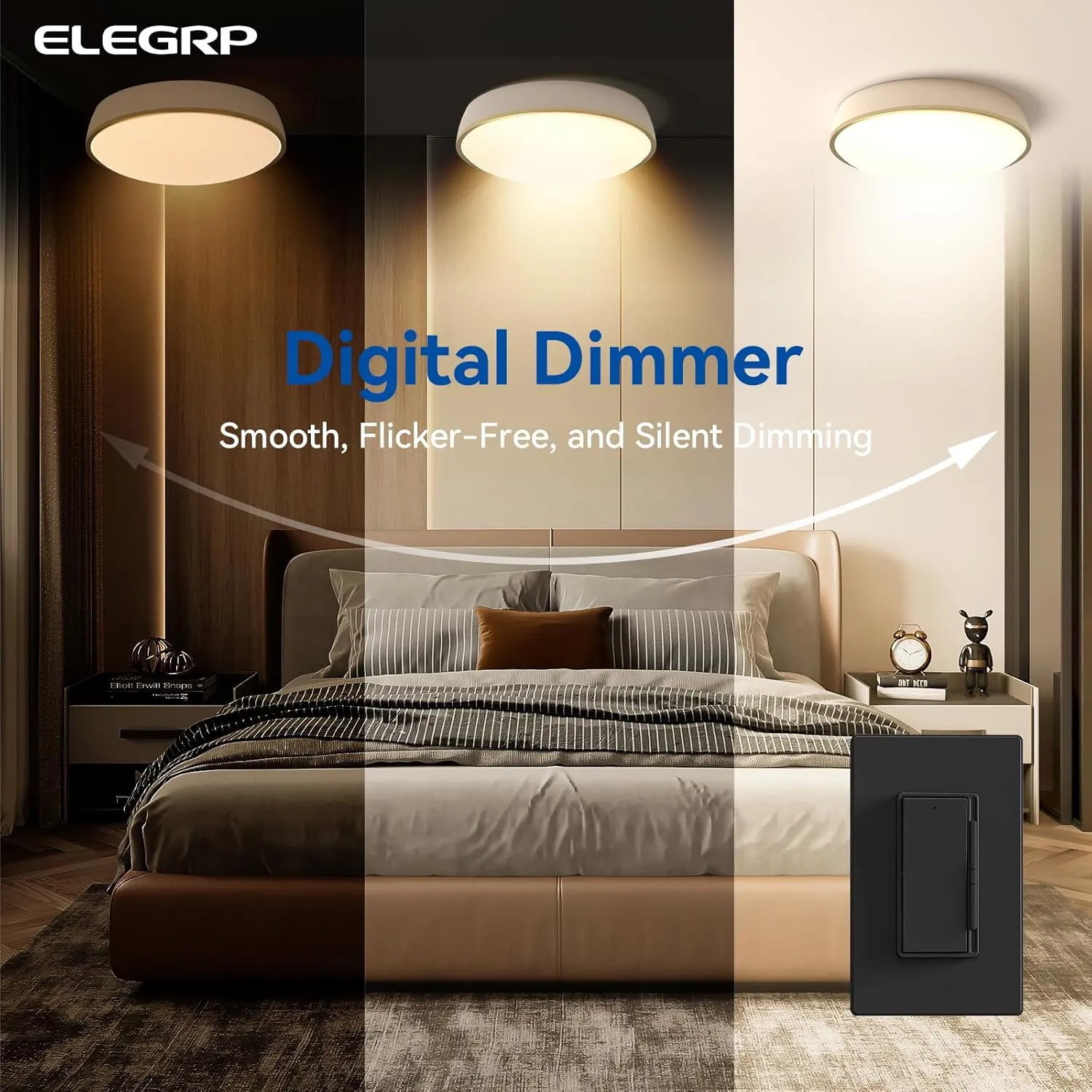 ELEGRP Digital Dimmer Light Switch for 300W Dimmable LED/CFL Lights and 600W Incandescent/Halogen, Single Pole/3-Way LED Slide Dimmer Light Switch, Wall Plate Included, UL Listed, 2 Pack, Matte Black