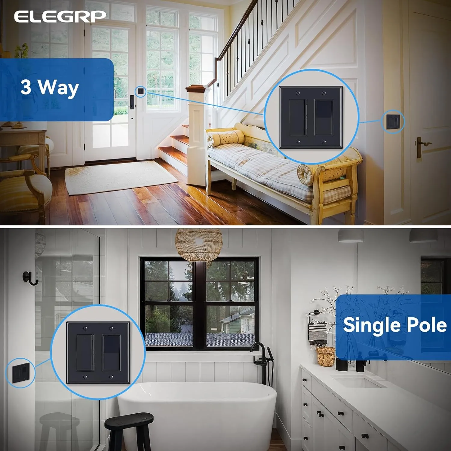 ELEGRP Digital Dimmer Light Switch for 300W Dimmable LED/CFL Lights and 600W Incandescent/Halogen, Single Pole/3-Way LED Slide Dimmer Light Switch, Wall Plate Included, UL Listed, 2 Pack, Matte Black