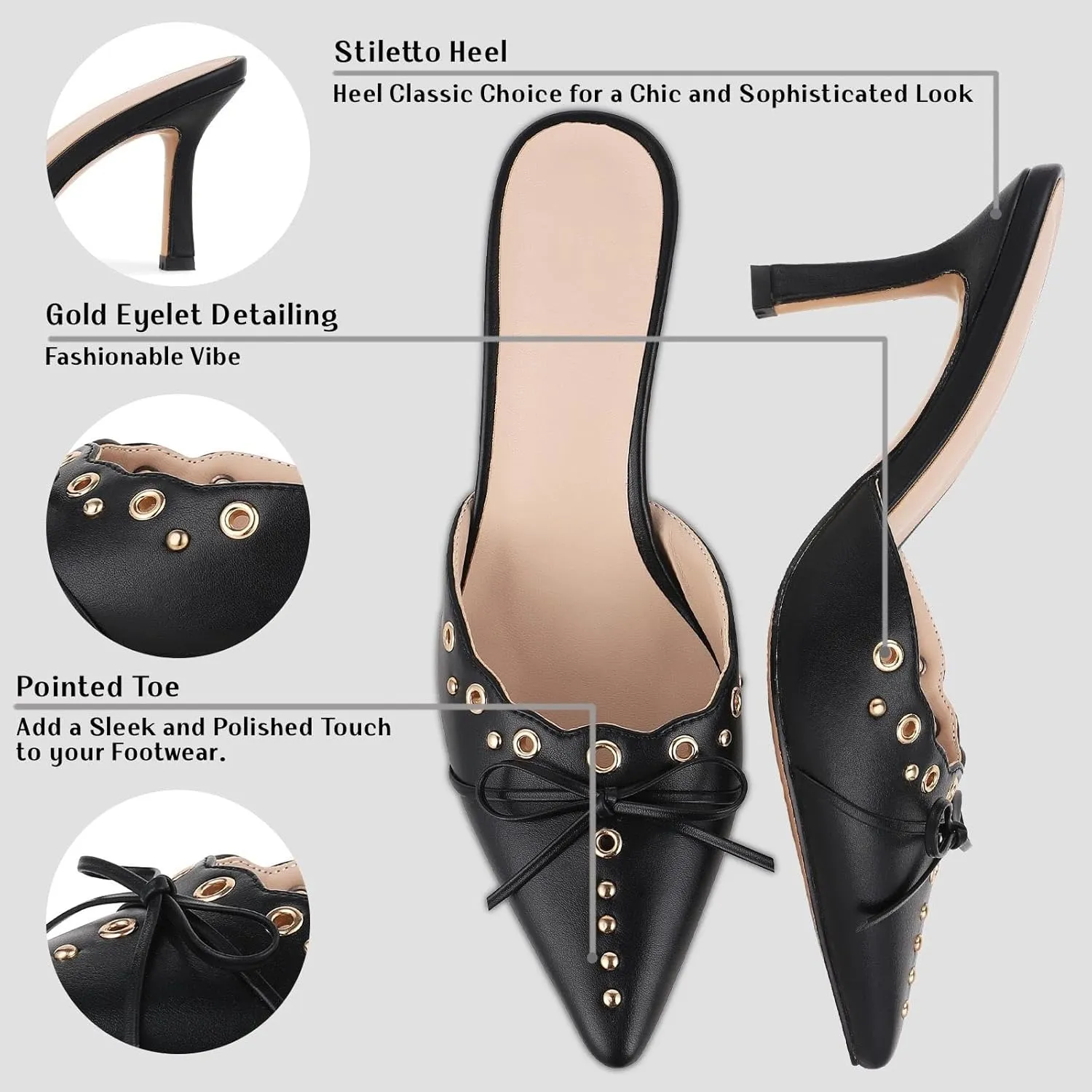 Eteridrey Heeled Mules for Women Suede Stiletto Heel Sandals Close Pointed Toe Pumps Studded Bow Heels Slip on Dress Slides
