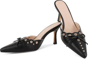 Eteridrey Heeled Mules for Women Suede Stiletto Heel Sandals Close Pointed Toe Pumps Studded Bow Heels Slip on Dress Slides