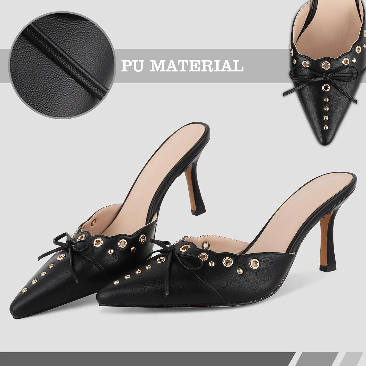 Eteridrey Heeled Mules for Women Suede Stiletto Heel Sandals Close Pointed Toe Pumps Studded Bow Heels Slip on Dress Slides