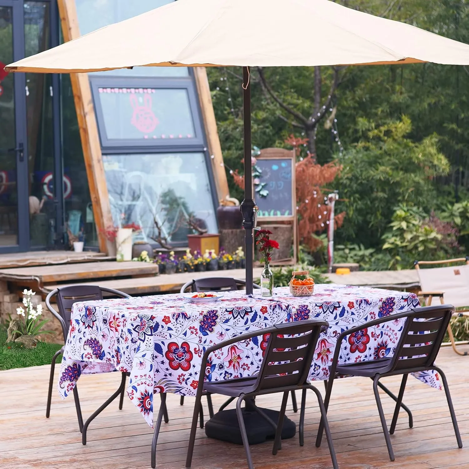 Eternal Beauty 60X 84” Rectangle Tablecloth Waterproof Outdoor Tablecloth with Umbrella Hole for Patio Spring Summer Tables,Bloom