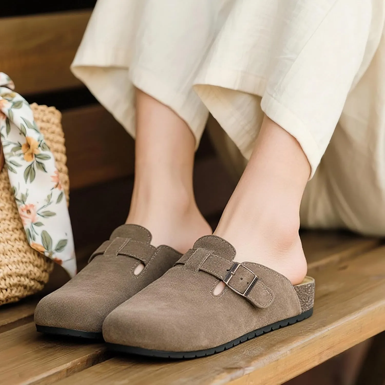 EVELLYHOOTD Clogs for Women Men Comfortable Suede Clogs Leather Mules Cork Footbed Sandals with Arch Support(with Socks)