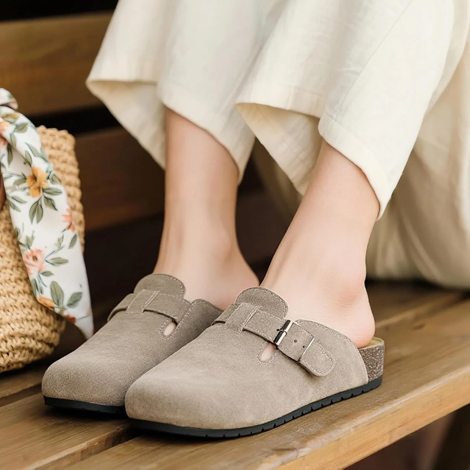 EVELLYHOOTD Clogs for Women Men Comfortable Suede Clogs Leather Mules Cork Footbed Sandals with Arch Support(with Socks)