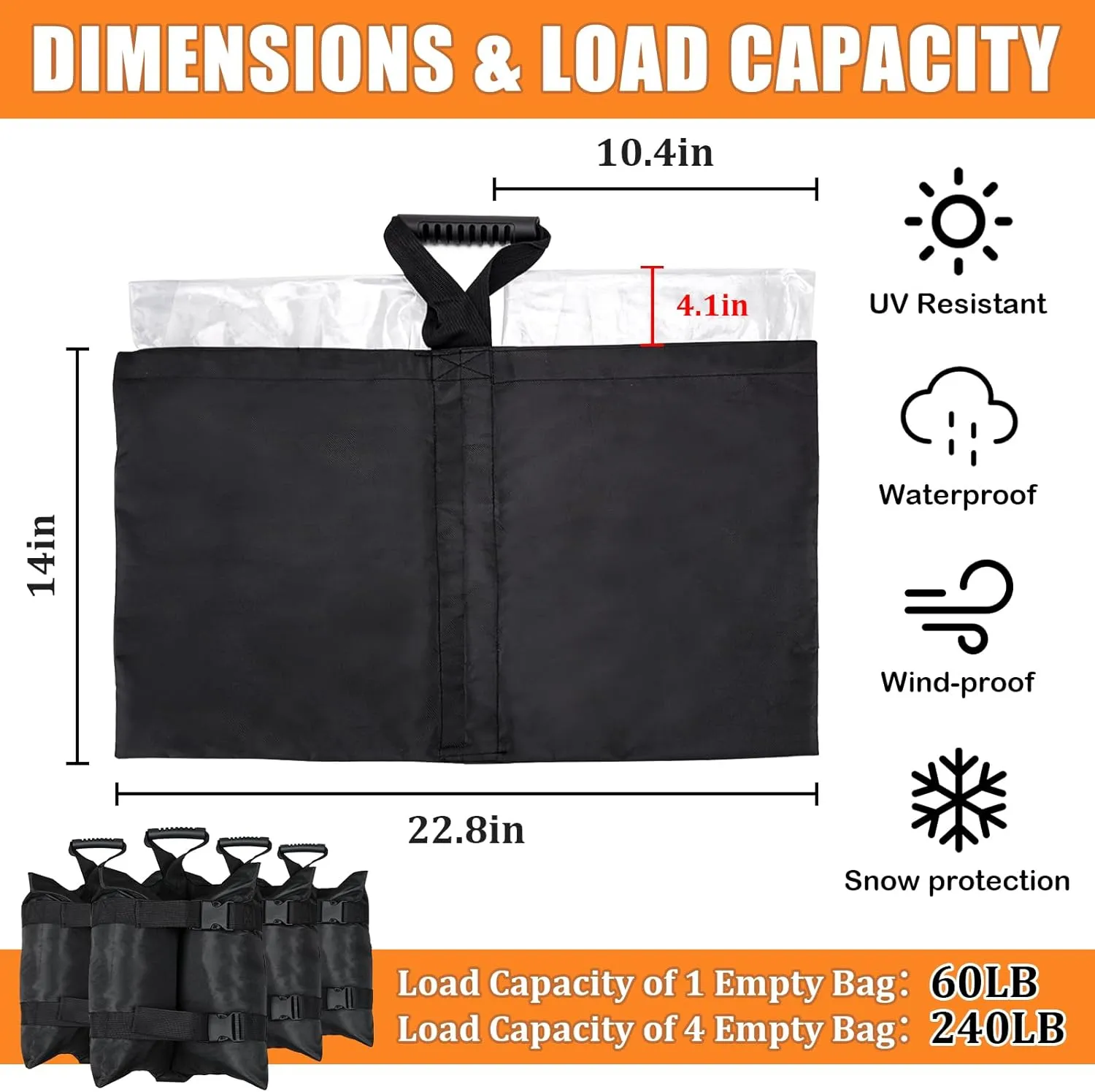 Extra Large 240 LBS Canopy Weights Sand Bags Set of 4, 1680D Heavy Duty Plus Size Gazebo Sandbags with Inner Plastic Bag for Outdoor Tent, Patio Umbrella, Sun Shelter, Pop up Pergola Legs