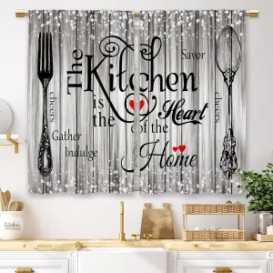 Farmhouse Rustic Grey Kitchen Curtains Vintage Fork Spoon Retro Small Short Cafe Window Curtains Barn Country Wooden Wood Sparkle Rod Pocket Bathroom Tier Window Treatment Drapes (26x36 Inch)