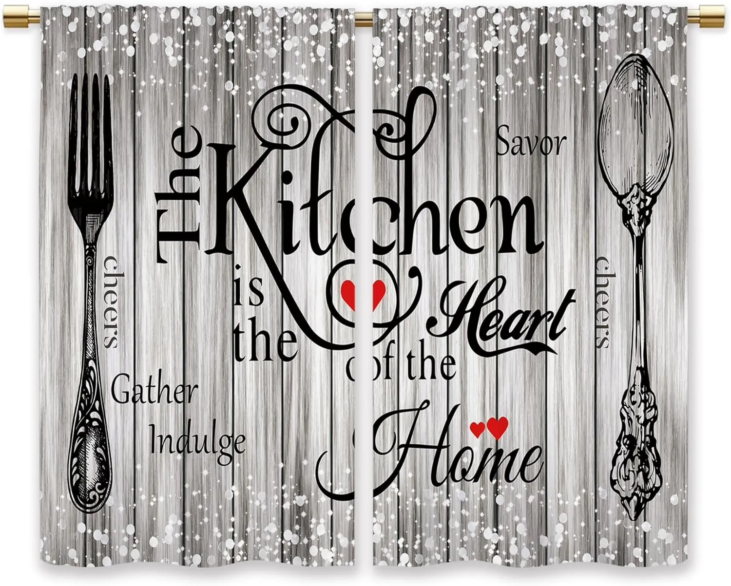 Farmhouse Rustic Grey Kitchen Curtains Vintage Fork Spoon Retro Small Short Cafe Window Curtains Barn Country Wooden Wood Sparkle Rod Pocket Bathroom Tier Window Treatment Drapes (26x36 Inch)