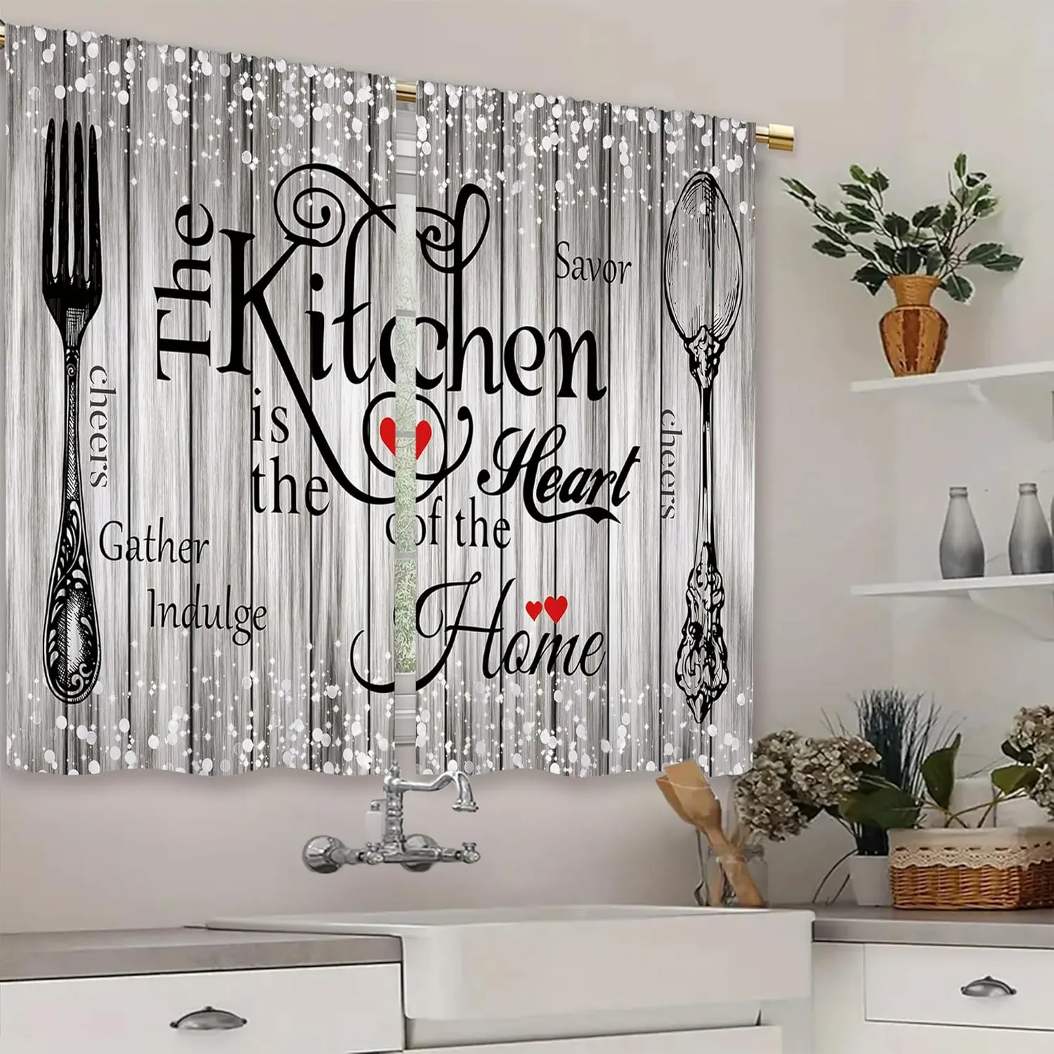 Farmhouse Rustic Grey Kitchen Curtains Vintage Fork Spoon Retro Small Short Cafe Window Curtains Barn Country Wooden Wood Sparkle Rod Pocket Bathroom Tier Window Treatment Drapes (26x36 Inch)