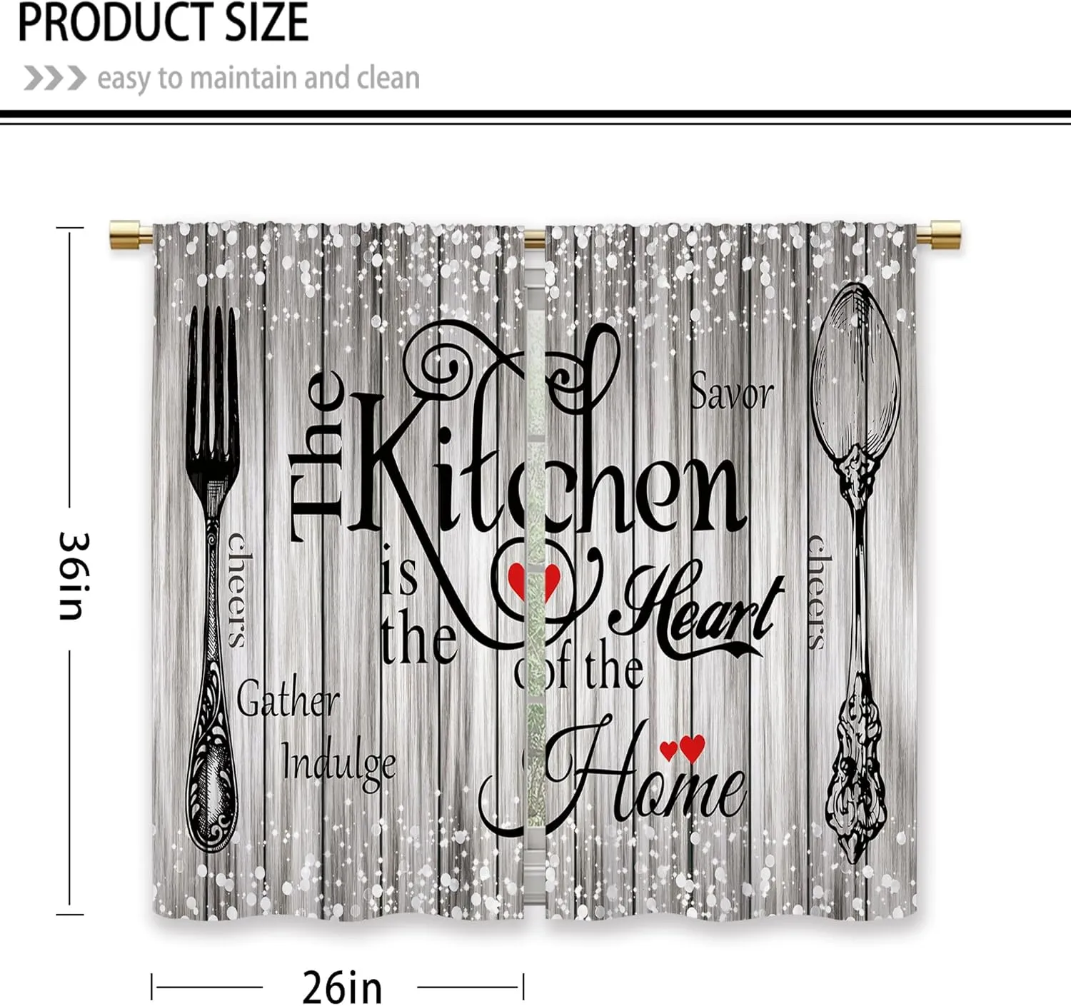 Farmhouse Rustic Grey Kitchen Curtains Vintage Fork Spoon Retro Small Short Cafe Window Curtains Barn Country Wooden Wood Sparkle Rod Pocket Bathroom Tier Window Treatment Drapes (26x36 Inch)