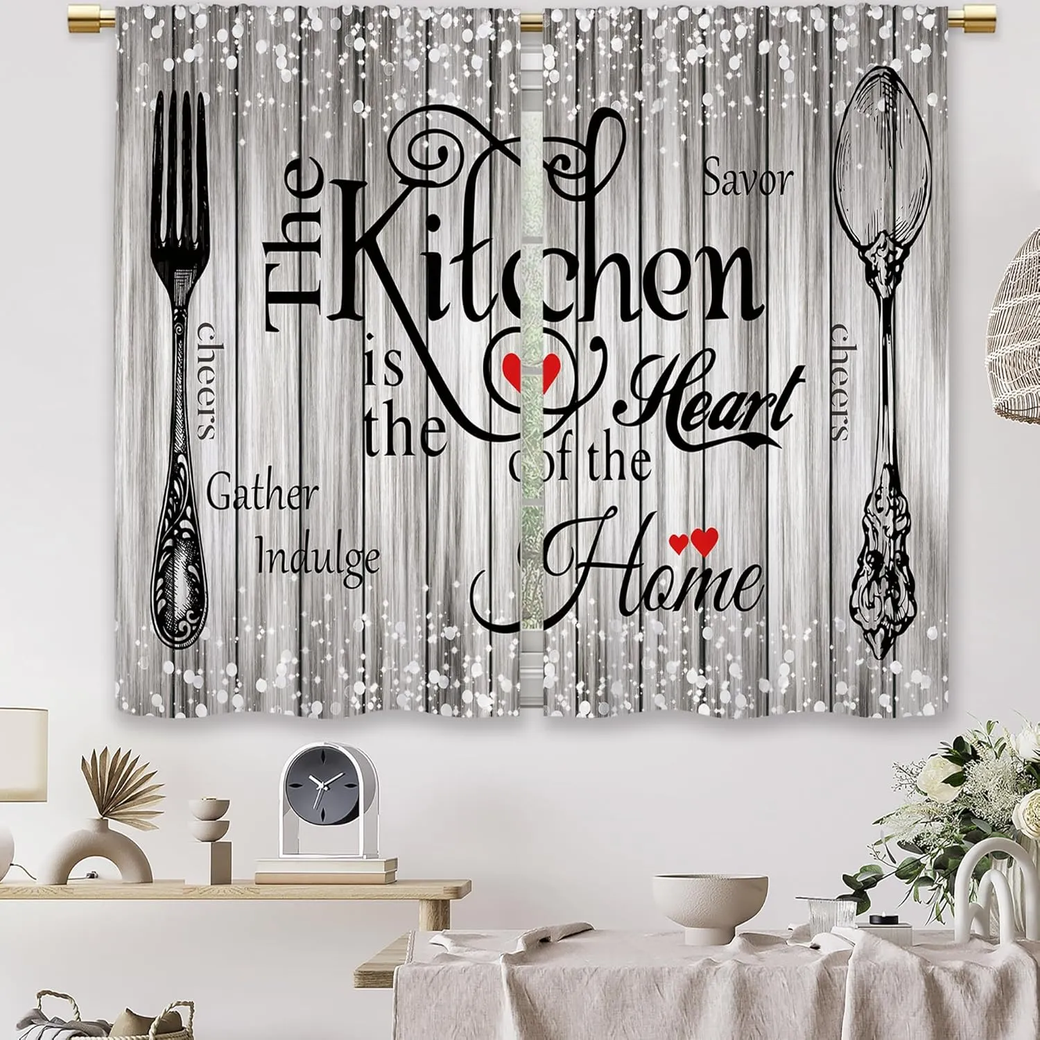 Farmhouse Rustic Grey Kitchen Curtains Vintage Fork Spoon Retro Small Short Cafe Window Curtains Barn Country Wooden Wood Sparkle Rod Pocket Bathroom Tier Window Treatment Drapes (26x36 Inch)
