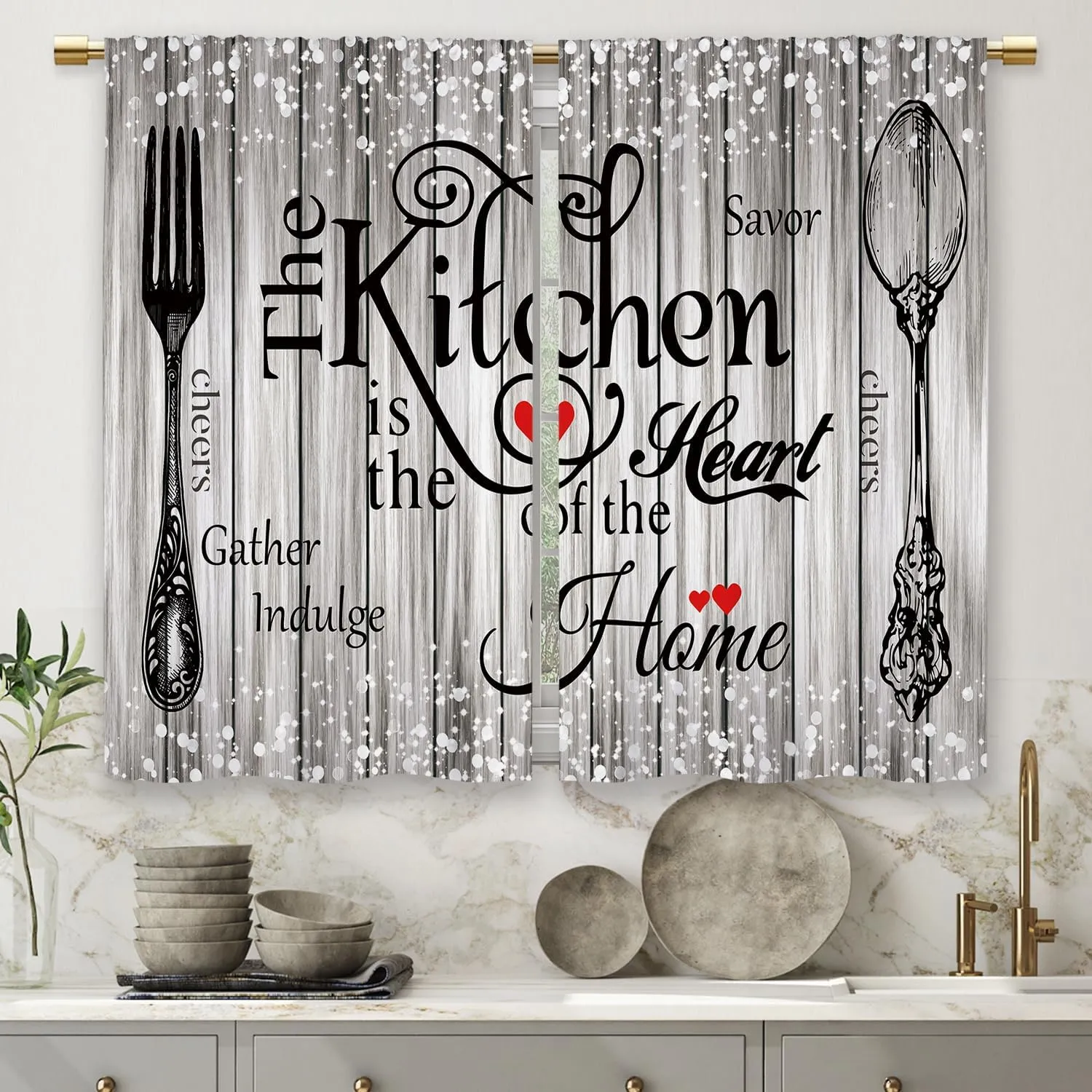 Farmhouse Rustic Grey Kitchen Curtains Vintage Fork Spoon Retro Small Short Cafe Window Curtains Barn Country Wooden Wood Sparkle Rod Pocket Bathroom Tier Window Treatment Drapes (26x36 Inch)