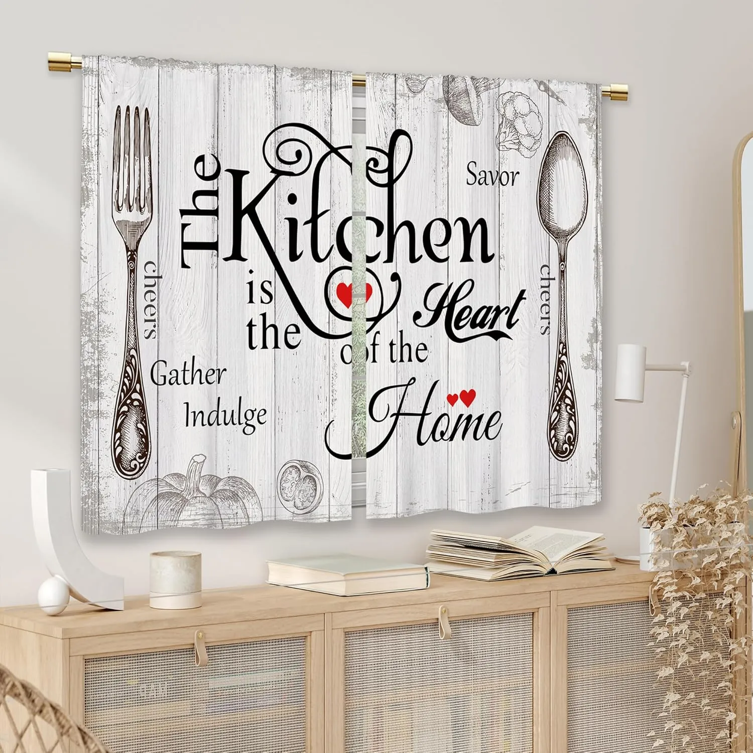 Farmhouse Rustic Kitchen Curtains Wooden Wood Small Short Cafe Window Curtains Vintage Fork Spoon Retro Rod Pocket Bathroom Living Room Bedroom Window Drapes Treatment 2 Panels (26x24 Inch)