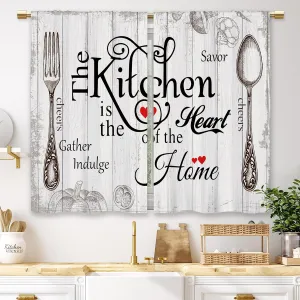 Farmhouse Rustic Kitchen Curtains Wooden Wood Small Short Cafe Window Curtains Vintage Fork Spoon Retro Rod Pocket Bathroom Living Room Bedroom Window Drapes Treatment 2 Panels (26x24 Inch)