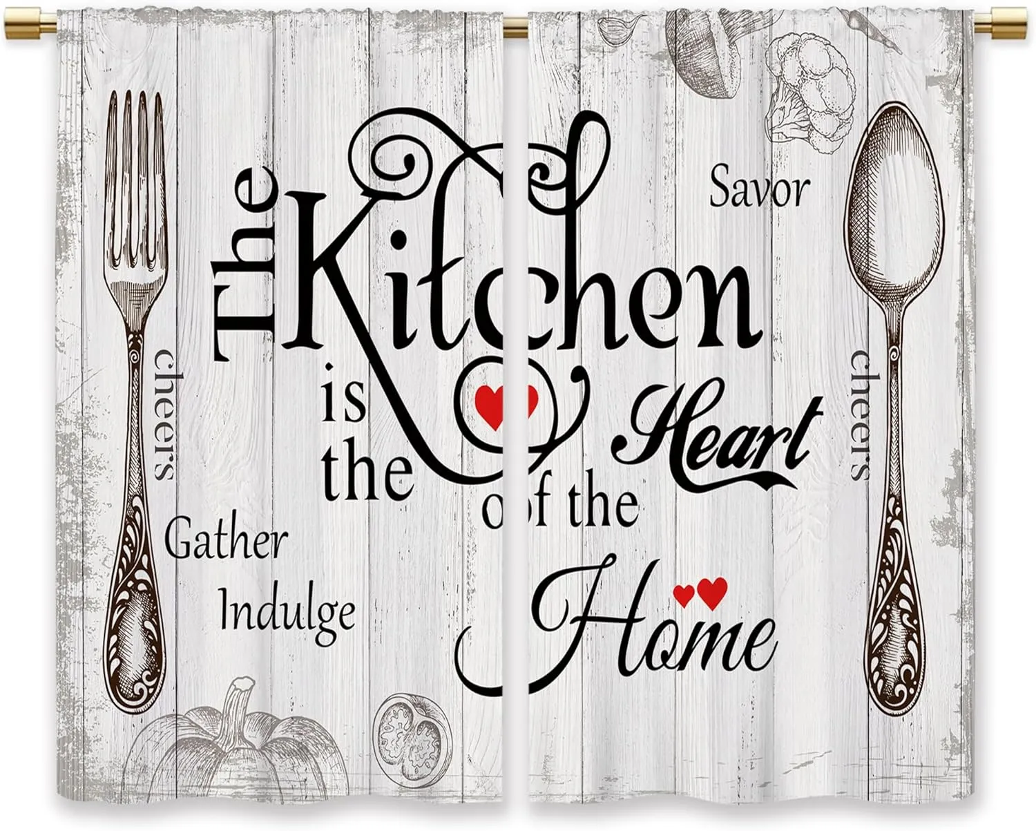 Farmhouse Rustic Kitchen Curtains Wooden Wood Small Short Cafe Window Curtains Vintage Fork Spoon Retro Rod Pocket Bathroom Living Room Bedroom Window Drapes Treatment 2 Panels (26x24 Inch)