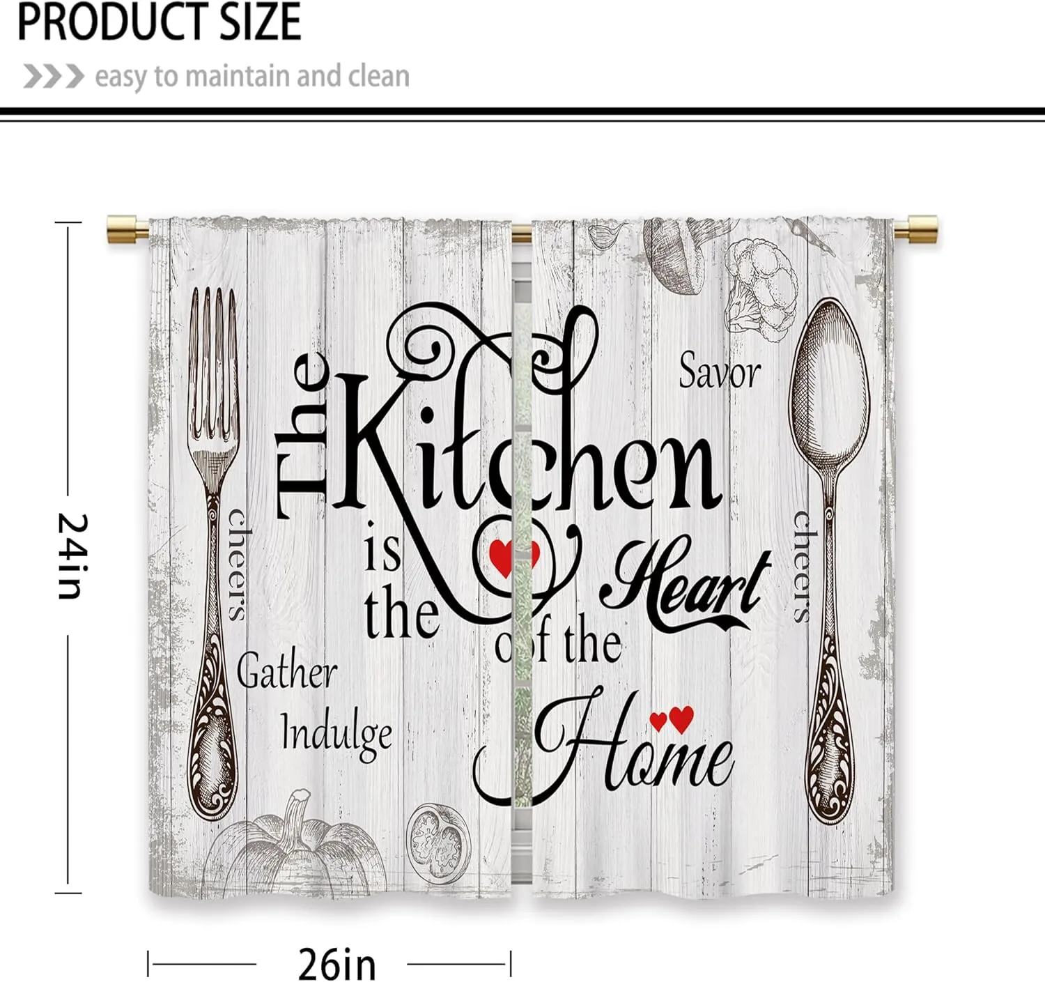 Farmhouse Rustic Kitchen Curtains Wooden Wood Small Short Cafe Window Curtains Vintage Fork Spoon Retro Rod Pocket Bathroom Living Room Bedroom Window Drapes Treatment 2 Panels (26x24 Inch)