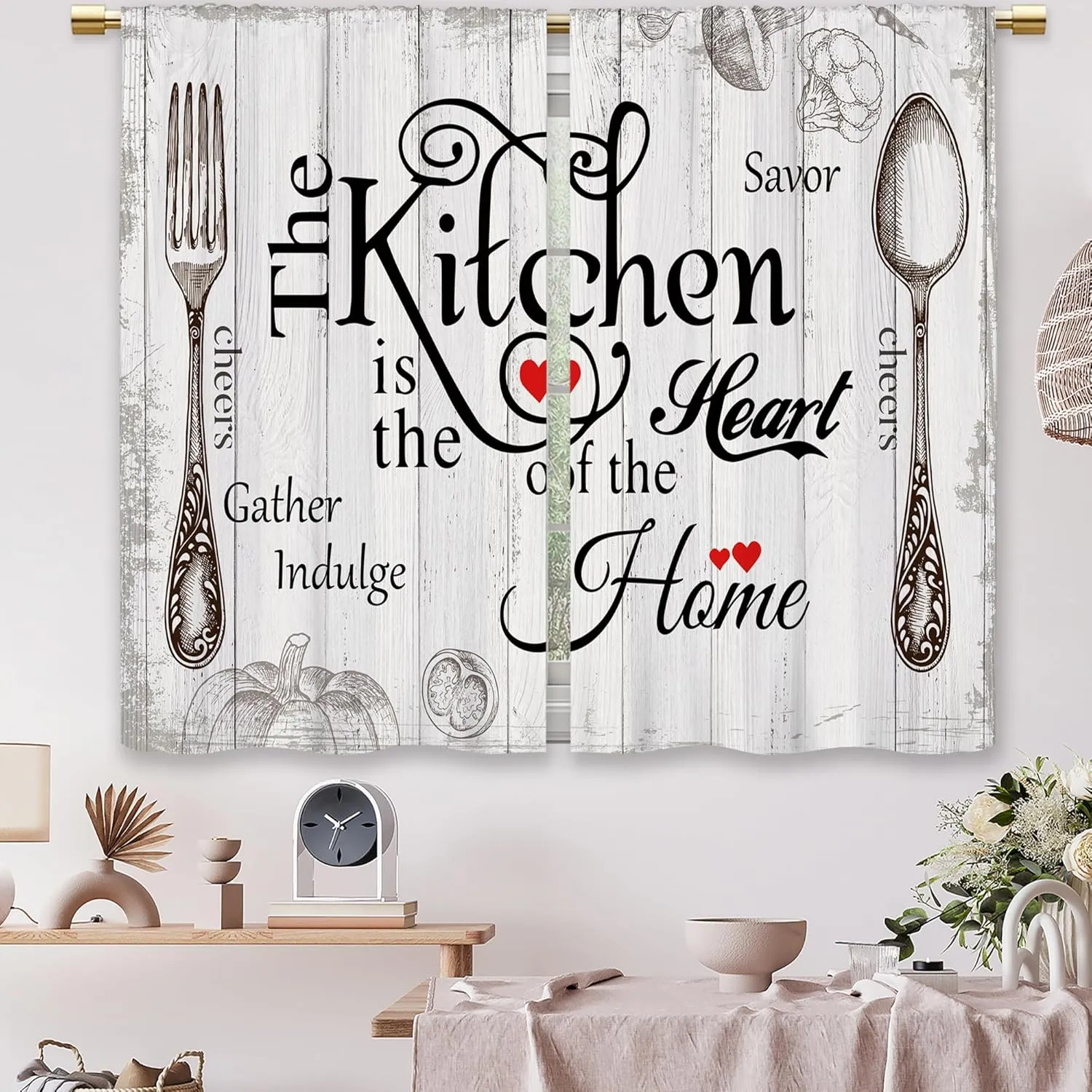 Farmhouse Rustic Kitchen Curtains Wooden Wood Small Short Cafe Window Curtains Vintage Fork Spoon Retro Rod Pocket Bathroom Living Room Bedroom Window Drapes Treatment 2 Panels (26x24 Inch)