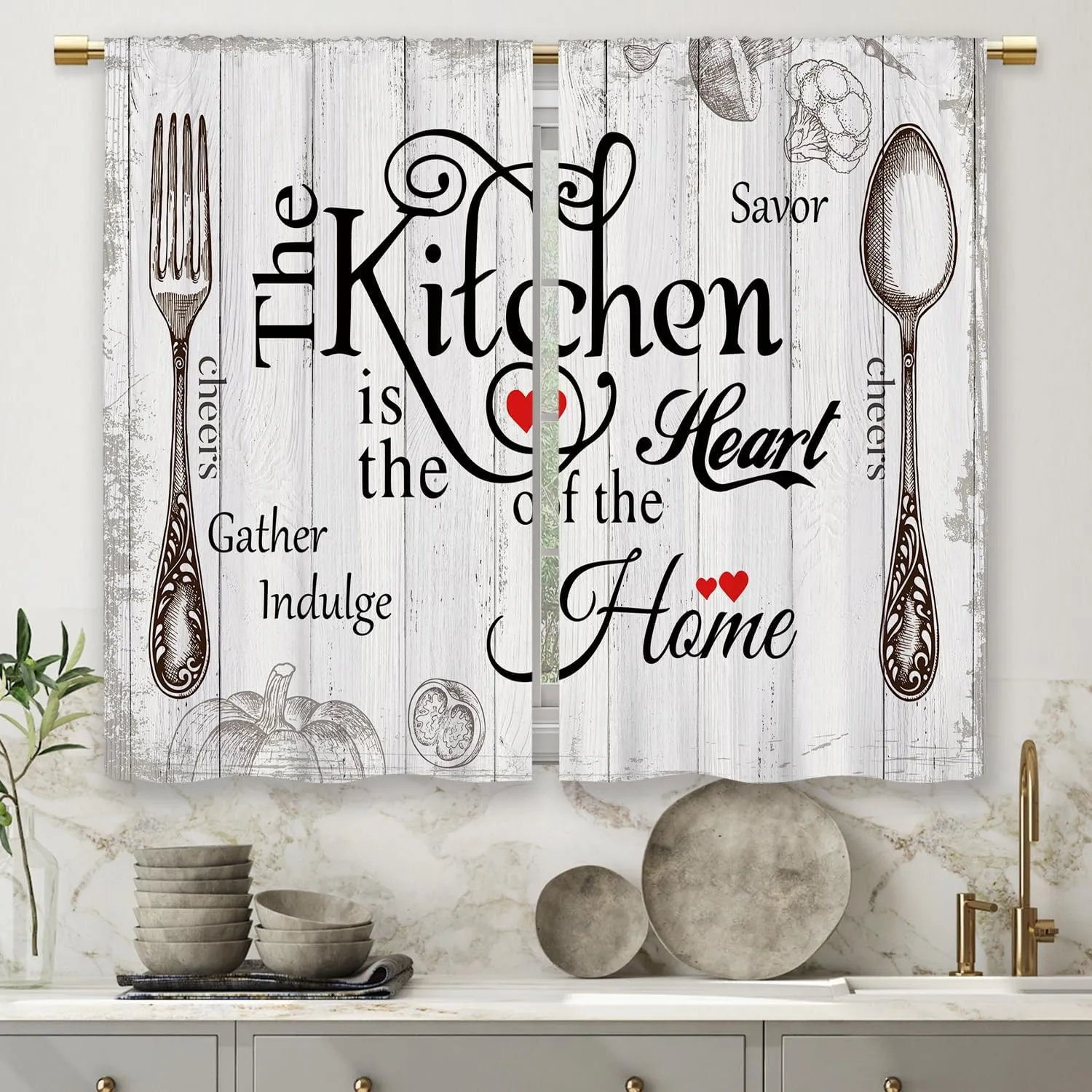 Farmhouse Rustic Kitchen Curtains Wooden Wood Small Short Cafe Window Curtains Vintage Fork Spoon Retro Rod Pocket Bathroom Living Room Bedroom Window Drapes Treatment 2 Panels (26x24 Inch)