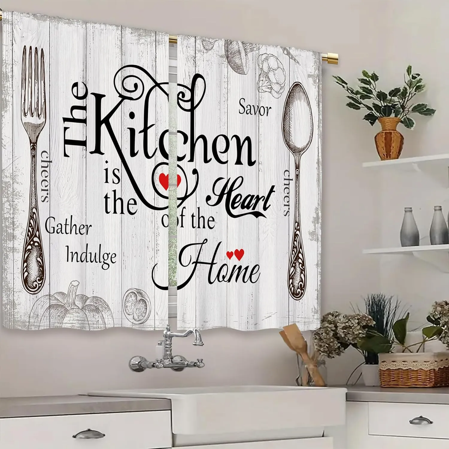 Farmhouse Rustic Kitchen Curtains Wooden Wood Small Short Cafe Window Curtains Vintage Fork Spoon Retro Rod Pocket Bathroom Living Room Bedroom Window Drapes Treatment 2 Panels (26x24 Inch)
