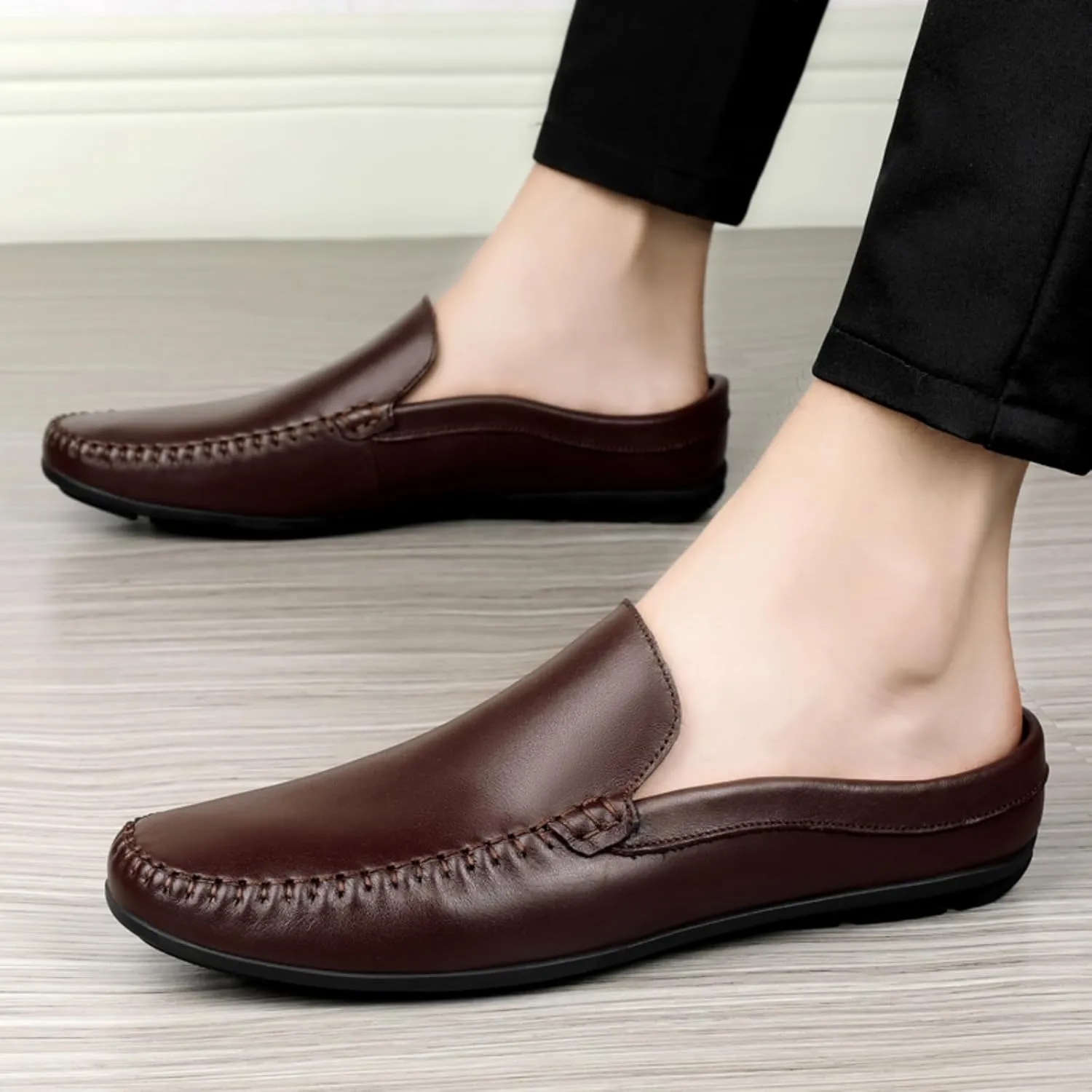 FOTN Kelibasi Mens Handmade Leather Slip-On Mules Comfortable Soft Backless Slippers Summer Casual Walking Driving Sandals Half Loafers