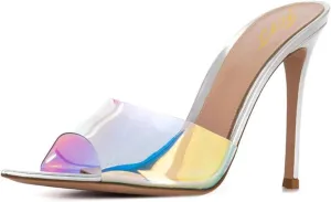 FOWT Chic Leather Pointed Toe Classic Mules Slide Womens Sandals Stylish Thin High 4 IN Heels Elegant Street Dress Office Business Gold Pumps Summer Shoes, US Size 4-16 M
