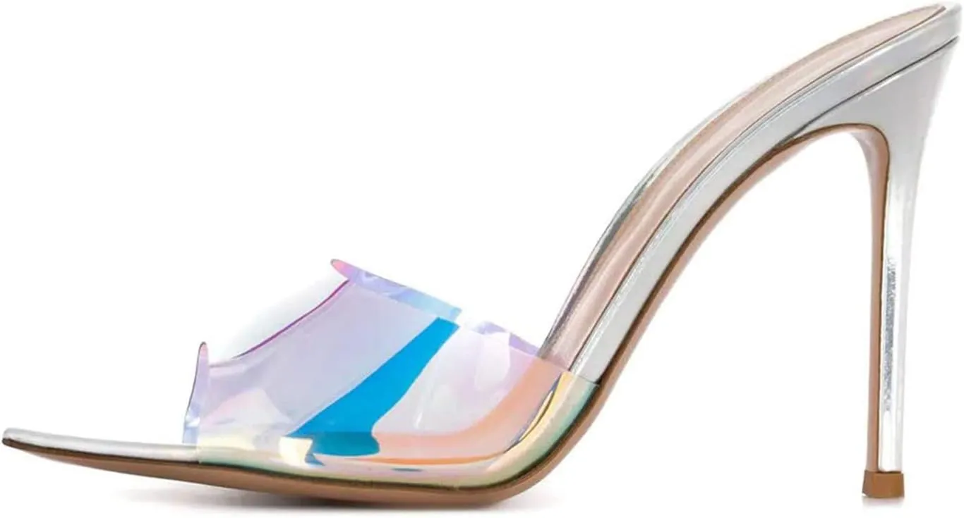 FOWT Chic Leather Pointed Toe Classic Mules Slide Womens Sandals Stylish Thin High 4 IN Heels Elegant Street Dress Office Business Gold Pumps Summer Shoes, US Size 4-16 M