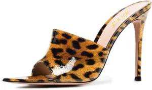 FOWT Chic Leather Pointed Toe Classic Mules Slide Womens Sandals Stylish Thin High 4 IN Heels Elegant Street Dress Office Business Gold Pumps Summer Shoes, US Size 4-16 M