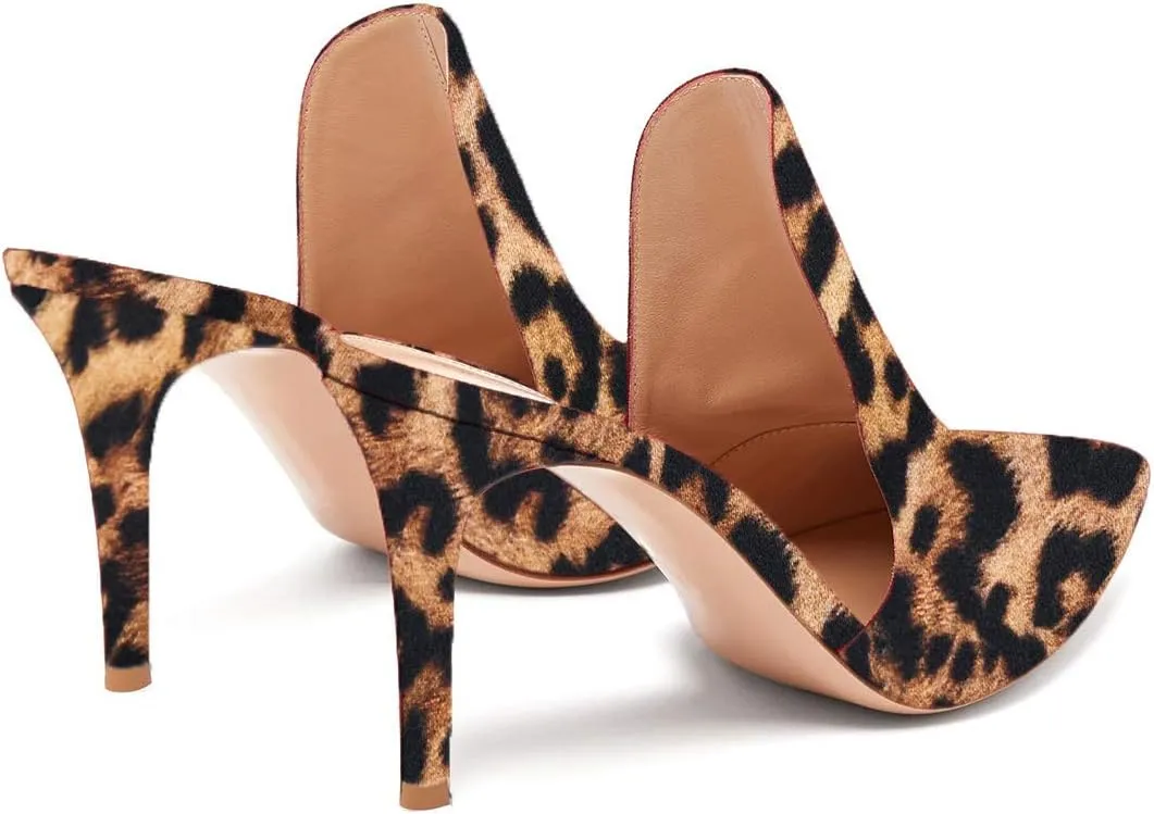 FOWT Fashion Leopard Print Side V Cut Backless Mules for Women Closed Pointed Toe High Stiletto Heel Pumps Chic Slip on One-Piece Shoes for Outdoor Party Dress 4-16 US Size