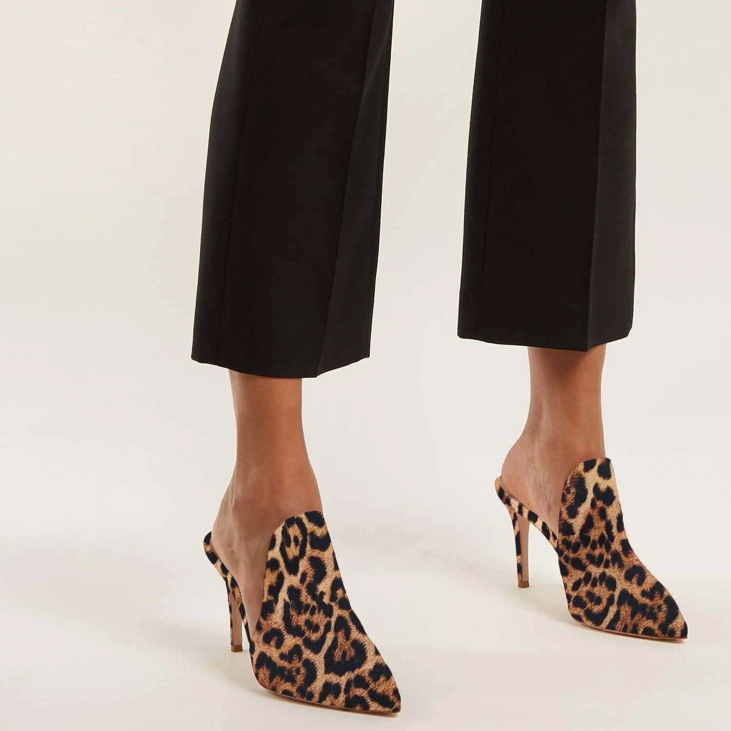 FOWT Fashion Leopard Print Side V Cut Backless Mules for Women Closed Pointed Toe High Stiletto Heel Pumps Chic Slip on One-Piece Shoes for Outdoor Party Dress 4-16 US Size