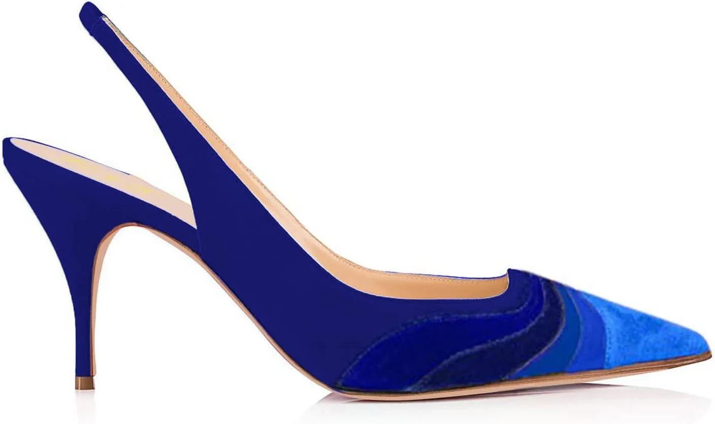 FOWT Women Pointed Toe Kitten Heeled Slingback Pumps Rainbow Color Stripes Elastic Band Mules Ladies Multicolored Slip on High Heel Sandals for Dress Date Prom 4-16