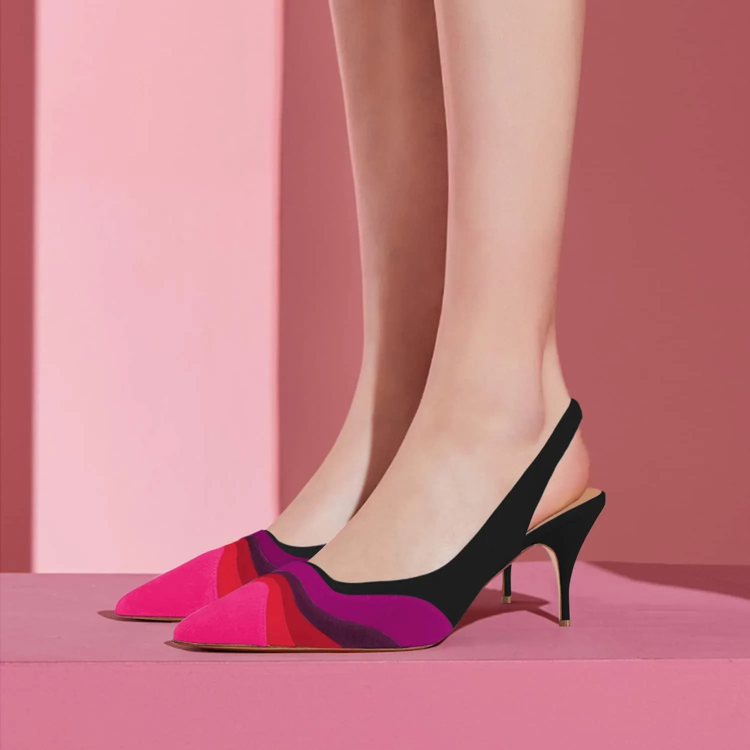 FOWT Women Pointed Toe Kitten Heeled Slingback Pumps Rainbow Color Stripes Elastic Band Mules Ladies Multicolored Slip on High Heel Sandals for Dress Date Prom 4-16