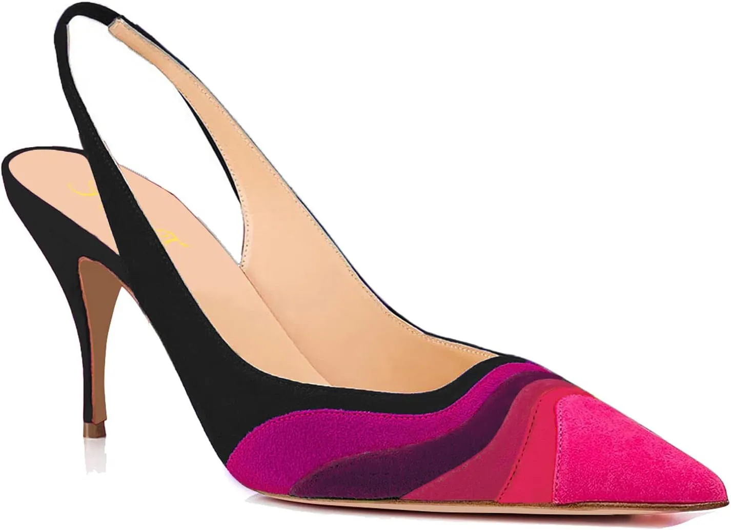 FOWT Women Pointed Toe Kitten Heeled Slingback Pumps Rainbow Color Stripes Elastic Band Mules Ladies Multicolored Slip on High Heel Sandals for Dress Date Prom 4-16