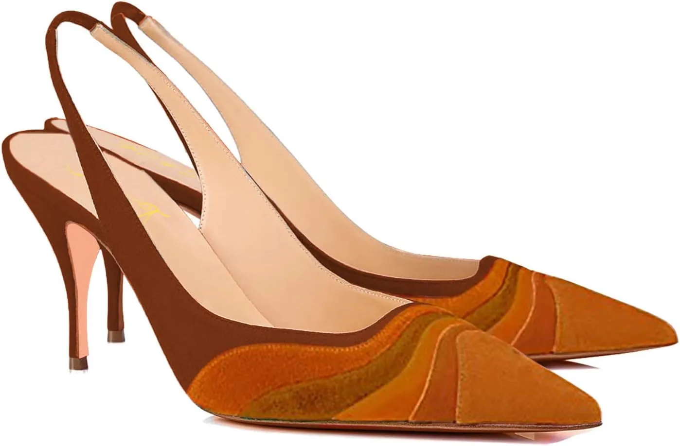 FOWT Women Pointed Toe Kitten Heeled Slingback Pumps Rainbow Color Stripes Elastic Band Mules Ladies Multicolored Slip on High Heel Sandals for Dress Date Prom 4-16
